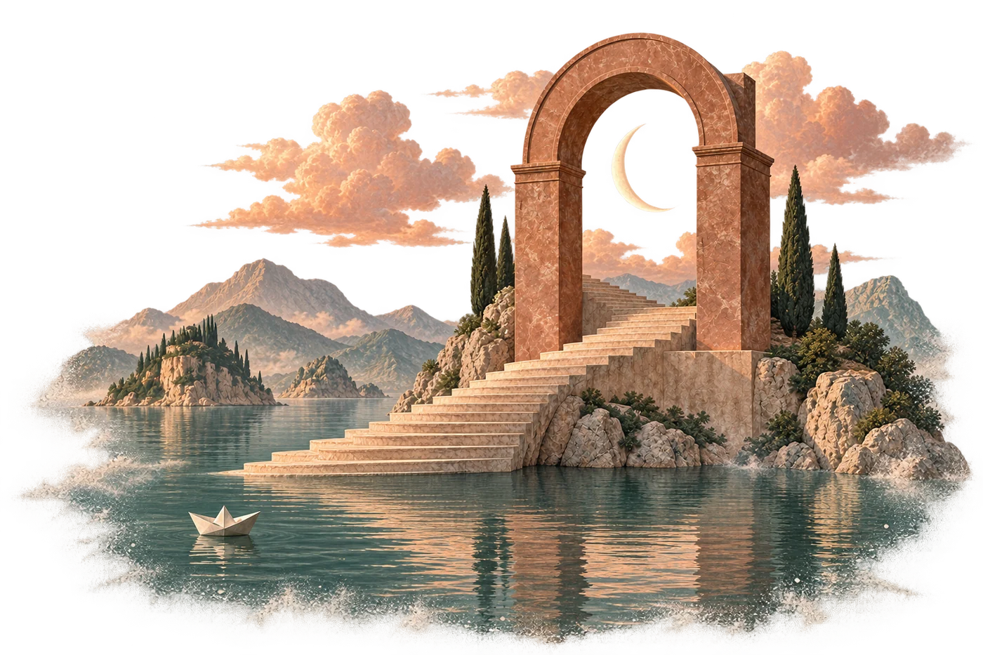 A moonlit archway and stone steps above a still sea under a peach sky