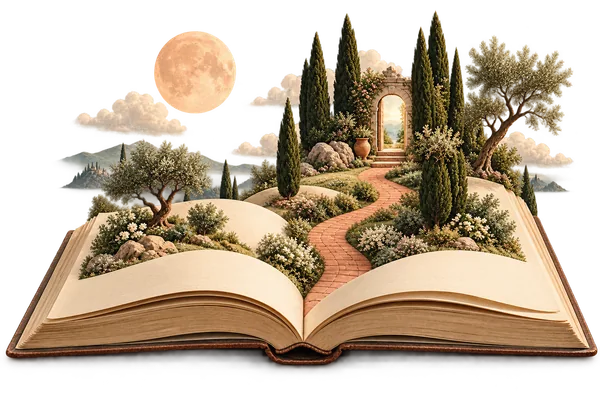 An open book unfolds into a moonlit garden with a winding path and archway